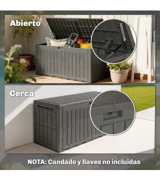 Arcón Exterior Capacidad 440L de Resina Resistente al Agua y a los Rayos UV con Tapa Bloqueable Barras de Gas Café