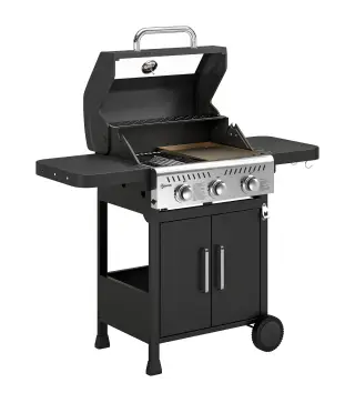 Barbacoa de Gas con 3 Quemadores 7,5 kW Termómetro Parrilla Plancha Mesas Laterales Armario Ruedas 125x57x110 cm Negro