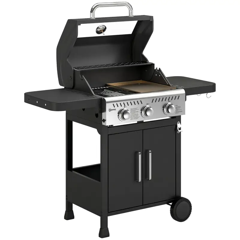 Barbacoa de Gas con 3 Quemadores 7,5 kW Termómetro Parrilla Plancha Mesas Laterales Armario Ruedas 125x57x110 cm Negro Barbacoa de Gas con 3 Quemadores 7,5 kW Termómetro Parrilla Plancha Mesas Laterales Armario Ruedas 125x57x110 cm Negro