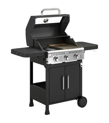 Barbacoa de Gas con 3 Quemadores 7,5 kW Termómetro Parrilla Plancha Mesas Laterales Armario Ruedas 125x57x110 cm Negro
