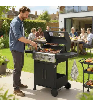 Barbacoa de Gas con 3 Quemadores 7,5 kW Termómetro Parrilla Plancha Mesas Laterales Armario Ruedas 125x57x110 cm Negro