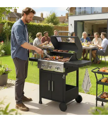 Barbacoa de Gas con 3 Quemadores 7,5 kW Termómetro Parrilla Plancha Mesas Laterales Armario Ruedas 125x57x110 cm Negro