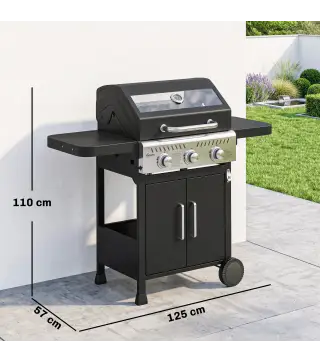 Barbacoa de Gas con 3 Quemadores 7,5 kW Termómetro Parrilla Plancha Mesas Laterales Armario Ruedas 125x57x110 cm Negro