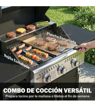 Barbacoa de Gas con 3 Quemadores 7,5 kW Termómetro Parrilla Plancha Mesas Laterales Armario Ruedas 125x57x110 cm Negro