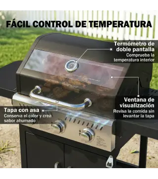 Barbacoa de Gas con 3 Quemadores 7,5 kW Termómetro Parrilla Plancha Mesas Laterales Armario Ruedas 125x57x110 cm Negro