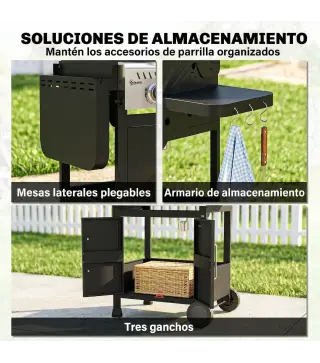 Barbacoa de Gas con 3 Quemadores 7,5 kW Termómetro Parrilla Plancha Mesas Laterales Armario Ruedas 125x57x110 cm Negro
