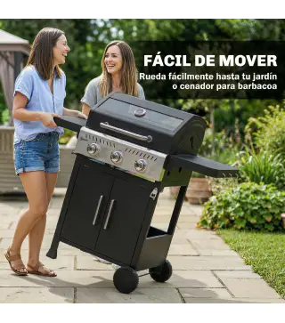Barbacoa de Gas con 3 Quemadores 7,5 kW Termómetro Parrilla Plancha Mesas Laterales Armario Ruedas 125x57x110 cm Negro
