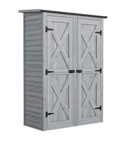 Caseta de Jardín de Madera 115x53x156 cm Armario para Herramientas con Puertas Dobles y Estantes Techo Inclinado Gris