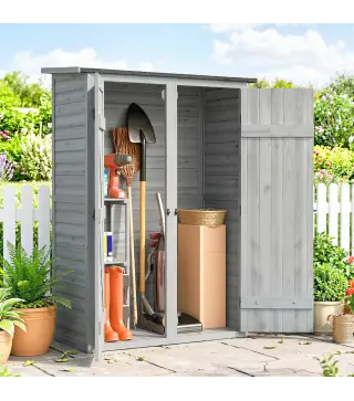 Caseta de Jardín de Madera 115x53x156 cm Armario para Herramientas con Puertas Dobles y Estantes Techo Inclinado Gris