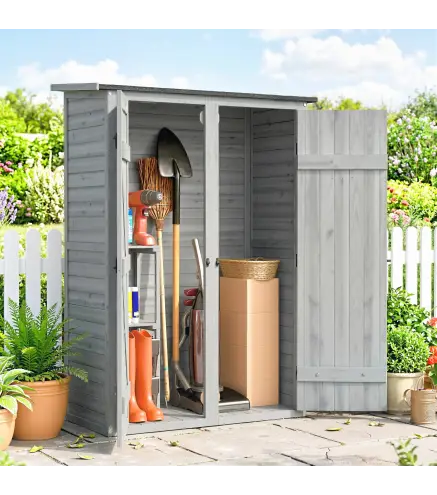 Caseta de Jardín de Madera 115x53x156 cm Armario para Herramientas con Puertas Dobles y Estantes Techo Inclinado Gris