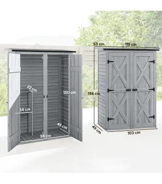 Caseta de Jardín de Madera 115x53x156 cm Armario para Herramientas con Puertas Dobles y Estantes Techo Inclinado Gris