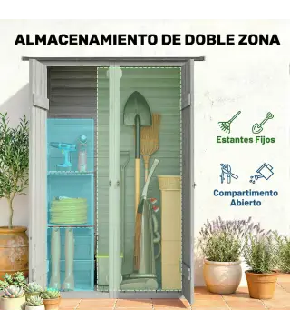 Caseta de Jardín de Madera 115x53x156 cm Armario para Herramientas con Puertas Dobles y Estantes Techo Inclinado Gris