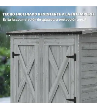 Caseta de Jardín de Madera 115x53x156 cm Armario para Herramientas con Puertas Dobles y Estantes Techo Inclinado Gris