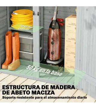 Caseta de Jardín de Madera 115x53x156 cm Armario para Herramientas con Puertas Dobles y Estantes Techo Inclinado Gris