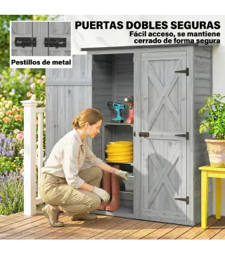 Caseta de Jardín de Madera 115x53x156 cm Armario para Herramientas con Puertas Dobles y Estantes Techo Inclinado Gris