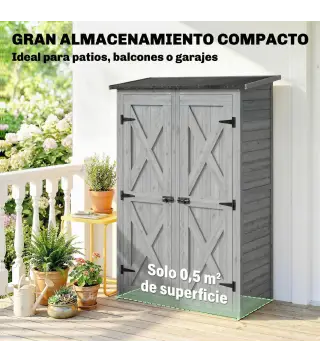 Caseta de Jardín de Madera 115x53x156 cm Armario para Herramientas con Puertas Dobles y Estantes Techo Inclinado Gris