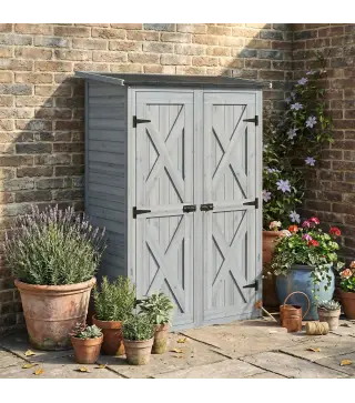 Caseta de Jardín de Madera 115x53x156 cm Armario para Herramientas con Puertas Dobles y Estantes Techo Inclinado Gris