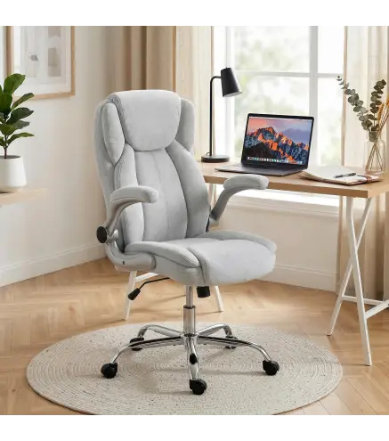 Silla de escritorio Ergonómica con Respaldo Alto Reposabrazos Abatibles Asiento con Muelles Altura Ajustable Crema