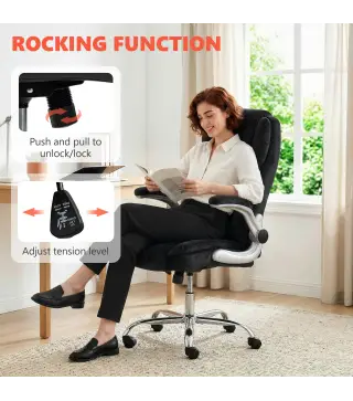 Silla de escritorio Ergonómica con Respaldo Alto Reposabrazos Abatibles Asiento con Muelles Altura Ajustable Negro