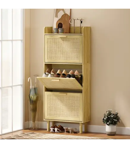 Mueble Zapatero con 3 Cajones Abatibles y Estante Abierto para12-18 Pares de Zapatos 65x24,5x153 cm Roble