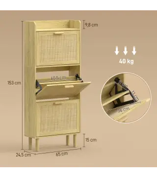 Mueble Zapatero con 3 Cajones Abatibles y Estante Abierto para12-18 Pares de Zapatos 65x24,5x153 cm Roble