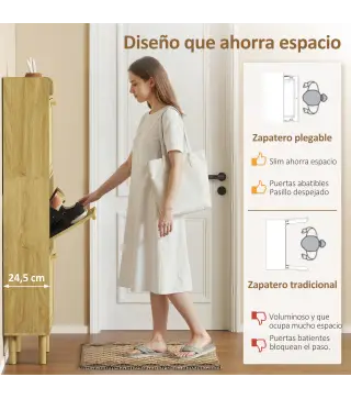 Mueble Zapatero con 3 Cajones Abatibles y Estante Abierto para12-18 Pares de Zapatos 65x24,5x153 cm Roble