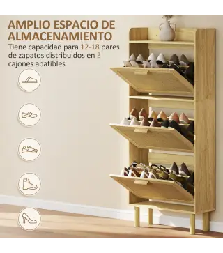 Mueble Zapatero con 3 Cajones Abatibles y Estante Abierto para12-18 Pares de Zapatos 65x24,5x153 cm Roble