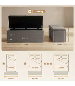 Puff Almacenaje, Banco Almacenaje 141L 137x41x42 cm Tapizado en Terciopelo Baúl de Almacenamiento Carga 240 kg Gris