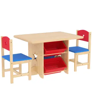 Mesa Infantil con 2 Sillas y 4 Cestas de Almacenamiento Juego de Muebles para Actividades para Niños de +3 Años Natural