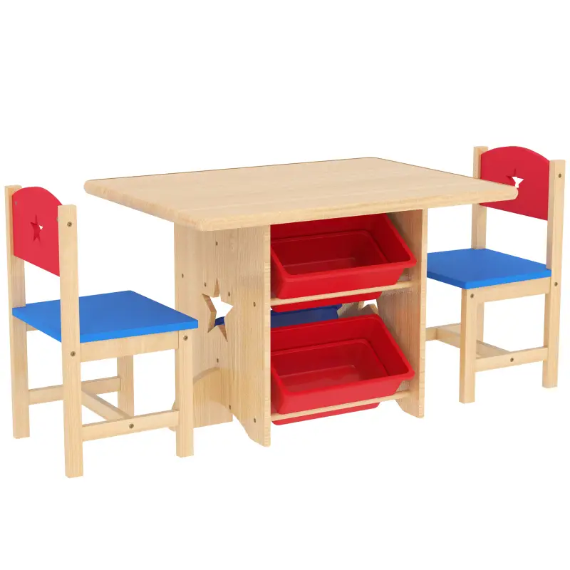Mesa Infantil con 2 Sillas y 4 Cestas de Almacenamiento Juego de Muebles para Actividades para Niños de +3 Años Natural