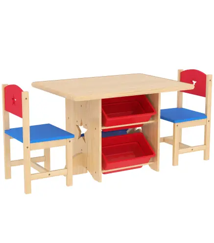 Mesa Infantil con 2 Sillas y 4 Cestas de Almacenamiento Juego de Muebles para Actividades para Niños de +3 Años Natural