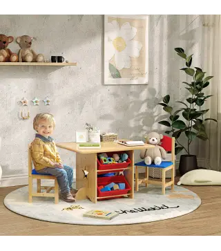 Mesa Infantil con 2 Sillas y 4 Cestas de Almacenamiento Juego de Muebles para Actividades para Niños de +3 Años Natural