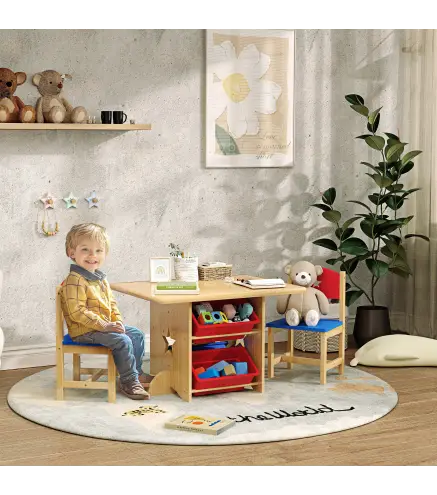 Mesa Infantil con 2 Sillas y 4 Cestas de Almacenamiento Juego de Muebles para Actividades para Niños de +3 Años Natural