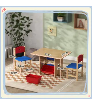Mesa Infantil con 2 Sillas y 4 Cestas de Almacenamiento Juego de Muebles para Actividades para Niños de +3 Años Natural