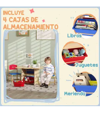 Mesa Infantil con 2 Sillas y 4 Cestas de Almacenamiento Juego de Muebles para Actividades para Niños de +3 Años Natural