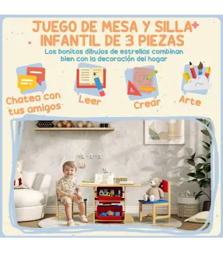 Mesa Infantil con 2 Sillas y 4 Cestas de Almacenamiento Juego de Muebles para Actividades para Niños de +3 Años Natural