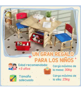 Mesa Infantil con 2 Sillas y 4 Cestas de Almacenamiento Juego de Muebles para Actividades para Niños de +3 Años Natural