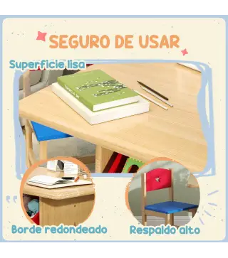 Mesa Infantil con 2 Sillas y 4 Cestas de Almacenamiento Juego de Muebles para Actividades para Niños de +3 Años Natural