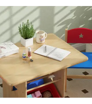 Mesa Infantil con 2 Sillas y 4 Cestas de Almacenamiento Juego de Muebles para Actividades para Niños de +3 Años Natural