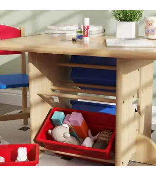 Mesa Infantil con 2 Sillas y 4 Cestas de Almacenamiento Juego de Muebles para Actividades para Niños de +3 Años Natural