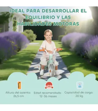 Bicicleta sin Pedales para Niños de 12 a 36 Meses con Ruedas Silenciosas y Manillares con Giro Limitado a 60°, Verde