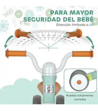 Bicicleta sin Pedales para Niños de 12 a 36 Meses con Ruedas Silenciosas y Manillares con Giro Limitado a 60°, Verde