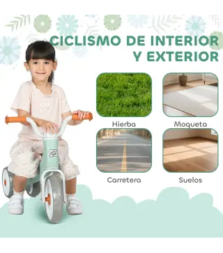 Bicicleta sin Pedales para Niños de 12 a 36 Meses con Ruedas Silenciosas y Manillares con Giro Limitado a 60°, Verde