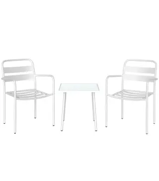 Conjunto de Jardín Exterior de 3 Piezas de Acero Galvanizado con 2 Sillas y Mesa de Vidrio Templado Blanco