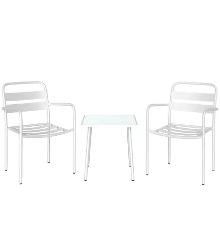 Conjunto de Jardín Exterior de 3 Piezas de Acero Galvanizado con 2 Sillas y Mesa de Vidrio Templado Blanco