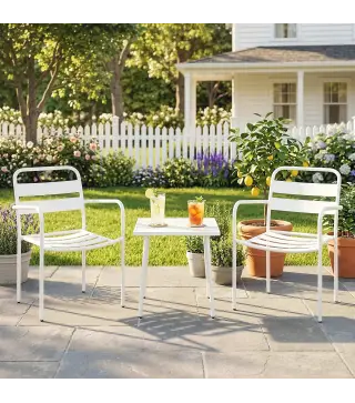 Conjunto de Jardín Exterior de 3 Piezas de Acero Galvanizado con 2 Sillas y Mesa de Vidrio Templado Blanco