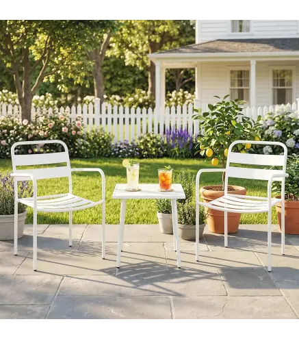Conjunto de Jardín Exterior de 3 Piezas de Acero Galvanizado con 2 Sillas y Mesa de Vidrio Templado Blanco