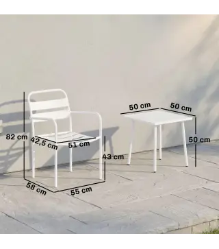 Conjunto de Jardín Exterior de 3 Piezas de Acero Galvanizado con 2 Sillas y Mesa de Vidrio Templado Blanco