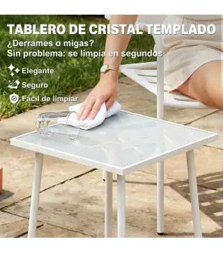 Conjunto de Jardín Exterior de 3 Piezas de Acero Galvanizado con 2 Sillas y Mesa de Vidrio Templado Blanco