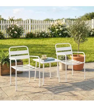 Conjunto de Jardín Exterior de 3 Piezas de Acero Galvanizado con 2 Sillas y Mesa de Vidrio Templado Blanco